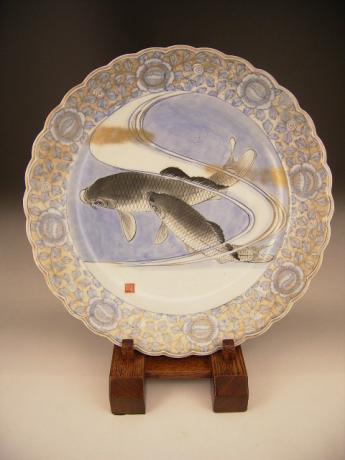 JAPANESE CIRCA 1900 BLUE & WHITE IMARI CHARGER WITH KOI DESIGN<br><font color=red><b>SOLD</b></font>