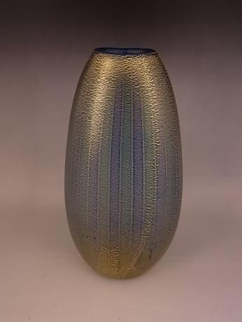 JAPANESE L 20TH/E 21ST CENTURY HAND BLOWN GLASS WITH BLUE, GREEN AND WHITE VERTICAL STRIPES<br><font color=red><b>SOLD</b></font>