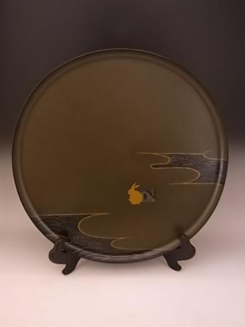 JAPANESE EARLY 20TH CENTURY LACQUER TRAY WITH PAIR OF RABBITS<br><font color=red><b>SOLD</b></font>