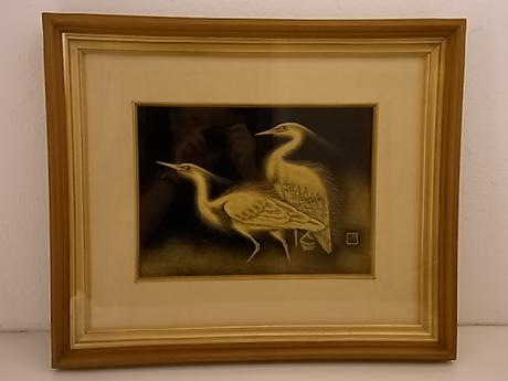 JAPANESE MID 20TH CENTURY FRAMED LACQUER PICTURE OF PAIR OF EGRETS BY KONISHI KEISUKE<br><font color=red><b>SOLD</b></font>