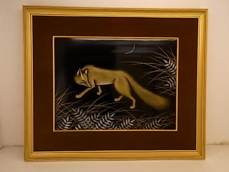 JAPANESE MID 20TH CENTURY LACQUER PICTURE OF GOLD FOX AT NIGHT<br><font color=red><b>SOLD</b></font> 