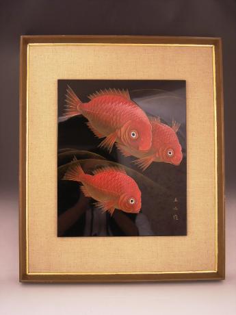 JAPANESE MID 20TH CENTURY LACQUER PLACQUE OF PERCH FISH BY YAMAZAKI RYUZAN<br><font color=red><b>SOLD</b></font>