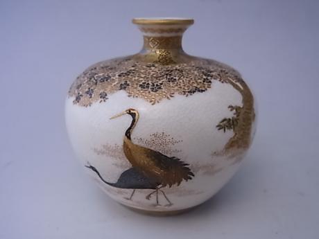 JAPANESE EARLY 20TH CENTURY MINIATURE SATSUMA VASE WITH CRANE AND CHERRY BLOSSOM DESIGN<br><font color=red><b>SOLD</b></font>