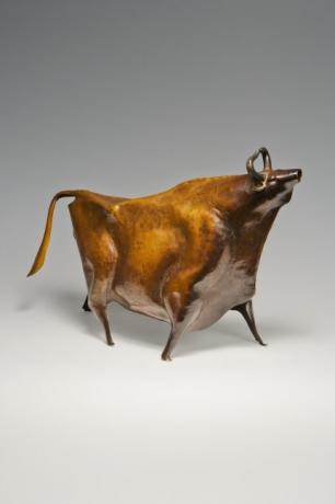 JAPANESE MID 20TH CENTURY HAND-HAMMERED BRONZE BULL BY KATO SOUGAN<br><font color=red><b>SOLD</b></font>