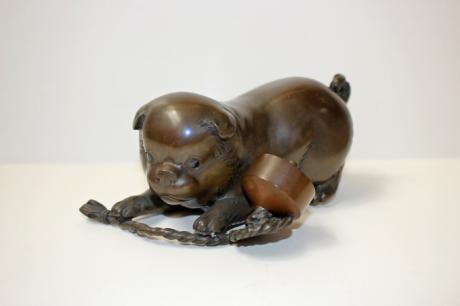 JAPANESE EARLY 20TH CENTURY BRONZE PUPPY OKIMONO BY MASATOSHI<br><font color=red><b>SOLD</b></font> 