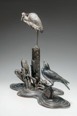 JAPANESE MEIJI PERIOD BRONZE WITH SILVER EGRET KORO OKIMONO<br><font color=red><b>SOLD</b></font> 