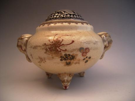 MID 19TH CENTURY SATSUMA INCENSE BURNER WITH SILVER HOYA COVER<br><font color=red><b>SOLD</b></font>
