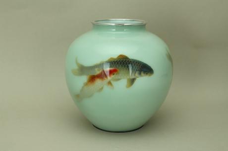 JAPANESE EARLY 20TH CENTURY KOI DESIGN CLOISONNE VASE BY ANDO<br><font color=red><b>SOLD</b></font> 