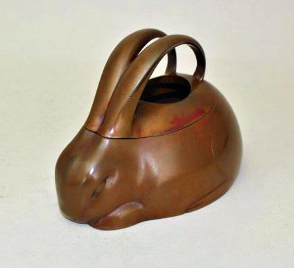 JAPANESE EARLY 20TH CENTURY BRONZE RABBIT KORO INCENSE BURNER BY YAMAMOTO KOZAN<br><font color=red><b>SOLD</b></font> 