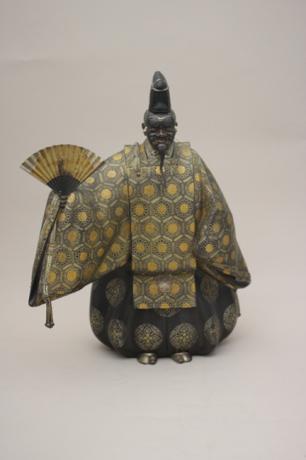 JAPANESE E. 20TH CENTURY BRONZE OKINA WITH SILVER, GOLD AND SHIBUICHI INLAYS BY MITSUYOSHI<br><font color=red><b>SOLD</b></font> 