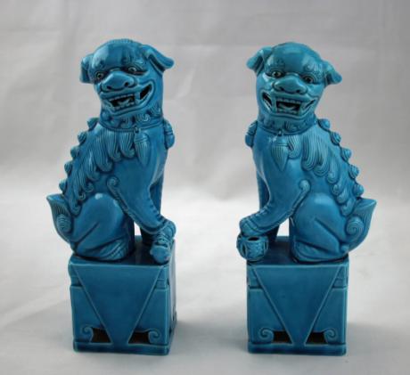 CHINESE EARLY TO MID 20TH CENTURY PAIR OF PORCELAIN TURQUOISE GLAZE FOO DOGS<br><font color=red><b>SOLD</b></font>