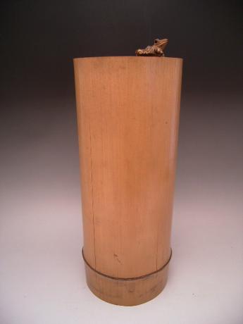 JAPANESE MID 20TH CENTURY NATURAL BAMBOO FLOWER CONTAINER WITH CARVED FROG<br><font color=red><b>SOLD</b></font>