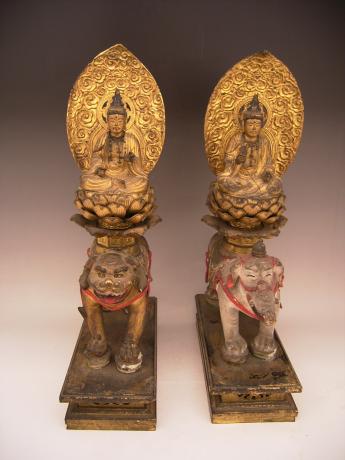 JAPANESE EDO PERIOD PAIR OF MONJU AND FUGEN BOSATSU<br><font color=red><b>SOLD</b></font>