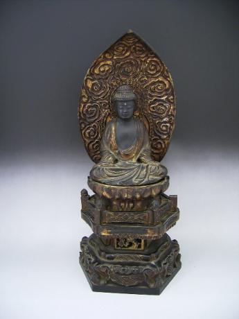 JAPANESE 19TH CENTURY CARVED WOOD AND LACQUERED SEATED AMIDA-BUTSU BUDDHA<br><font color=red><b>SOLD</b></font>