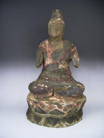 JAPANESE 19TH CENTURY CARVED AND PAINTED SEATED DAINICHI NYORAI COSMIC BUDDHA <br><font color=red><b>SOLD</b></font> 