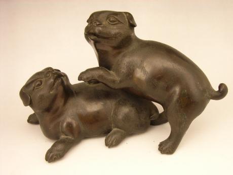 JAPANESE EDO PERIOD RED BRONZE PAIR OF PUPPY OKIMONO<br><font color=red><b>SOLD</b></font>