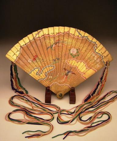 Japanese Edo Period Hand Painted Wooden Fan with Early 20th Century Silk Tassels<br><font color=red><b>SOLD</b></font> 