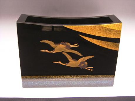 JAPANESE MODERN LACQUER FLOWER CONTAINER WITH CRANE DESIGN AND SHELL INLAYS<br><font color=red><b>SOLD</b></font>