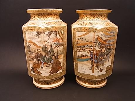 JAPANESE EARLY 20TH CENTURY PAIR OF HEXAGONAL SATSUMA VASES<br><font color=red><b>SOLD</b></font>