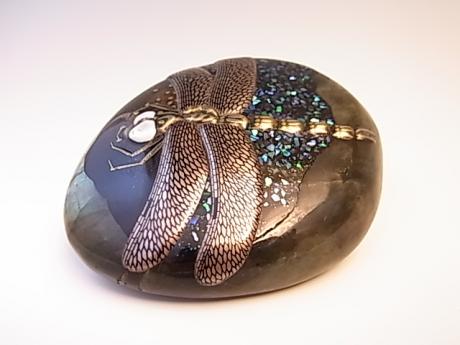 JAPANESE 21ST C. LACQUERED AND SHELL INLAID LABRADORITE ROCK PAPERWEIGHT BY OKADA SHIHOH<br><font color=red><b>SOLD</b></font>