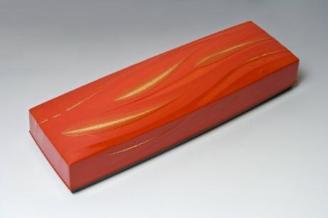 JAPANESE 20TH CENTURY LACQUER BOX WITH FISH AND LEAF DESIGN BY KITAOKA SHOZO FROM 31ST NIHON DENTOKOGEI EXHIBIT.<br><font color=red><b>SOLD</b></font
