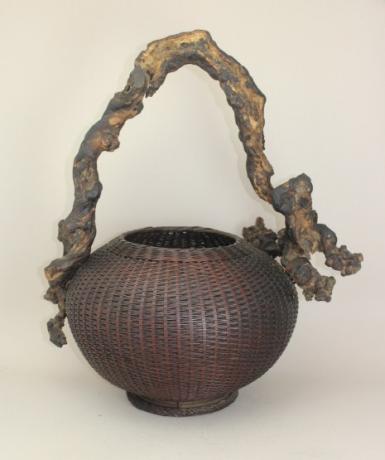 JAPANESE MID 20TH CENTURY BAMBOO FLOWER BASKET WITH ROOT HANDLE<br><font color=red><b>SOLD</b></font> 