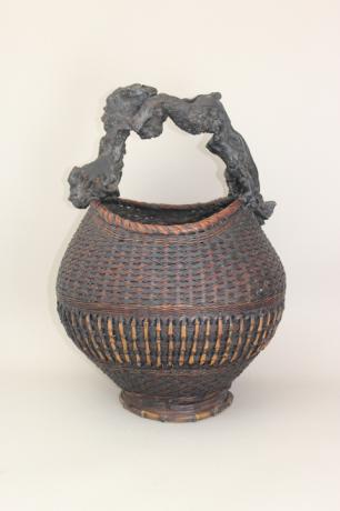 JAPANESE MID 20TH CENTURY BAMBOO FLOWER BASKET WITH NATURAL ROOT HANDLE<br><font color=red><b>SOLD</b></font> 