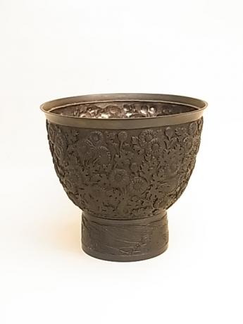 JAPANESE EARLY 20TH CENTURY (1934) SHAKUDO AND SILVER CHRYSANTHEMUM BOWL BY MITSUI YOSHIO <br><font color=red><b>SOLD</b></font> 