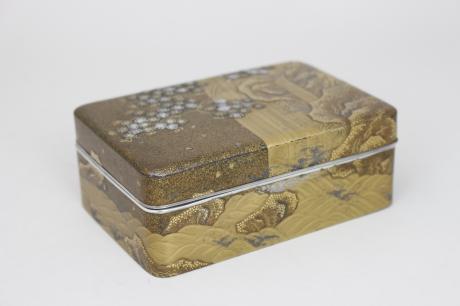 JAPANESE EARLY 20TH CENTURY LACQER BOX WITH CHERRY BLOSSOM AND WATERFALL DESIGN<br><font color=red><b>SOLD</b></font> 