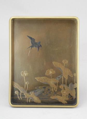 JAPANESE EARLY 20TH CENTURY GOLD LACQUER TRAY WITH SWALLOW AND AQUATIC PLANT DESIGN<br><font color=red><b>SOLD</b></font> 