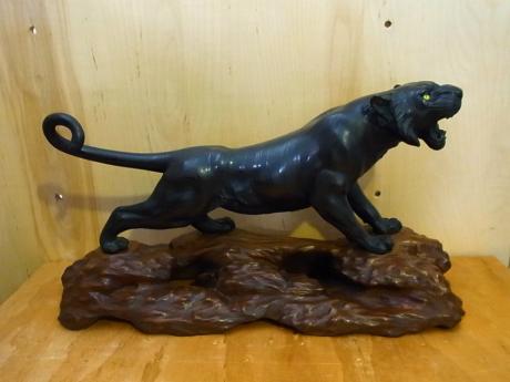 JAPANESE EARLY 20TH CENTURY BRONZE TIGER ON WOODEN STAND<br><font color=red><b>SOLD</b></font> 