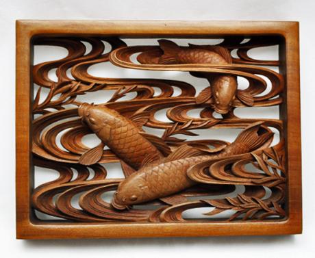 JAPANESE EARLY 20TH CENTURY FINELY CARVED SMALL WOODEN KOI DESIGN PANEL<br><font color=red><b>SOLD</b></font> 