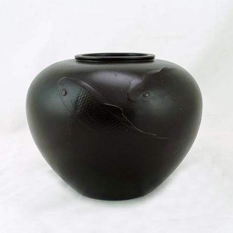 Japanese Bronze Vase with Low Relief Carp Design by Shiun<br><font color=red><b>SOLD</b></font>