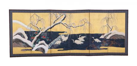 Japanese Early 20th Century 6-Panel Byōbu Folding Screen with White Herons
