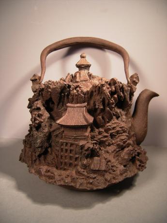 MEIJI PERIOD HIGH RELIEF LANDSCAPE DESIGN IRON POT<br><font color=red><b>SOLD</b></font>