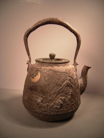 MEIJI PERIOD MOON, FLORALS AND CRAB DESIGN IRON POT<br><font color=red><b>SOLD</b></font>