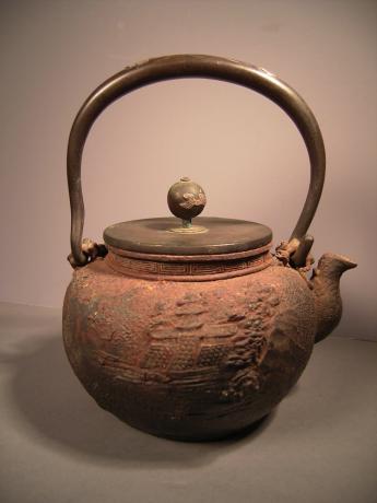 MEIJI PERIOD LANDSCAPE AND BIRD DESIGN IRON POT<br><font color=red><b>SOLD</b></font>