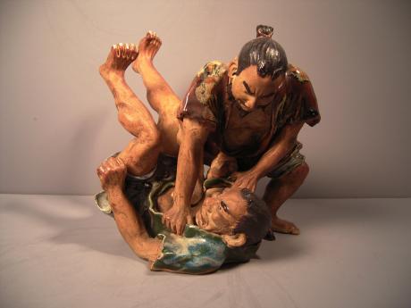 SUMIDAGAWA WARE STUDY OF 2 MEN FIGHTING<br><font color=red><b>SOLD</b></font>