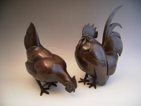 JAPANESE EARLY 20TH C. BRONZE ROOSTER AND HEN<br><font color=red><b>SOLD</b></font>
