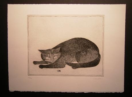 JAPANESE 20TH CENTURY CAT AND BUG PRINT BY INUKAI<br><font color=red><b>SOLD</b></font>