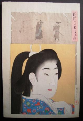 JAPANESE MEIJI PERIOD WOODBLOCK PRINT OF BIJIN BY CHIKANOBU