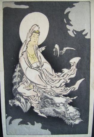 JAPANESE EDO PERIOD HAKUSAI WOODBLOCK PRINT OF GODDESS ON DRAGON<br><font color=red><b>SOLD</b></font>