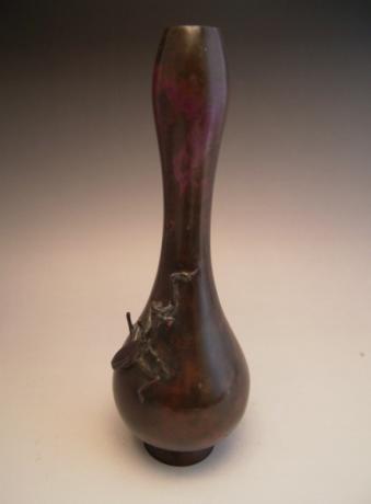 JAPANESE 20TH CENTURY BRONZE VASE WITH PRAYING MANTIS<br><font color=red><b>SOLD</b></font>