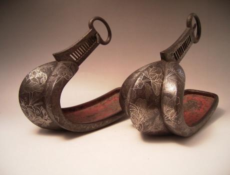 JAPANESE EDO PERIOD PAIR OF SILVER INLAID IRON ABUMI STIRRUPS<br><font color=red><b>SOLD</b></font>