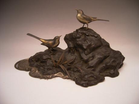 JAPANESE EARLY 20TH CENTURY BRONZE BIRDS AND BAMBOO OKIMONO<br><font color=red><b>SOLD</b></font>