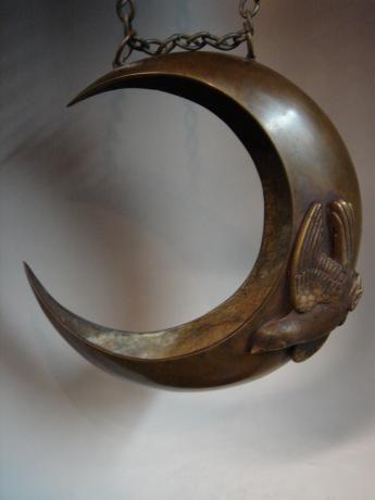 JAPANESE MEIJI PERIOD BRONZE CRESCENT MOON WITH BIRD FLOWER HOLDER<br><font color=red><b>SOLD</b></font>