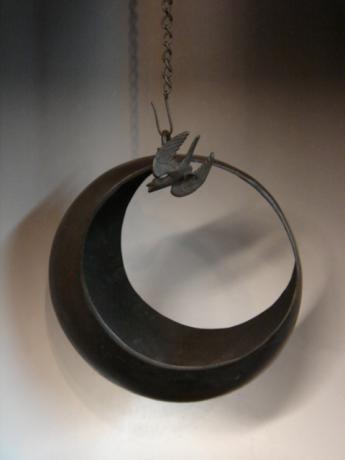 JAPANESE CIRCA 1900 BRONZE CRESCENT MOON AND BIRD HANGING FLOWER HOLDER<br><font color=red><b>SOLD</b></font>