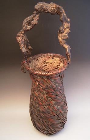 JAPANESE EARLY 20TH CENTURY BAMBOO FLOWER BASKET, UNSIGNED<br><font color=red><b>SOLD</b></font>
