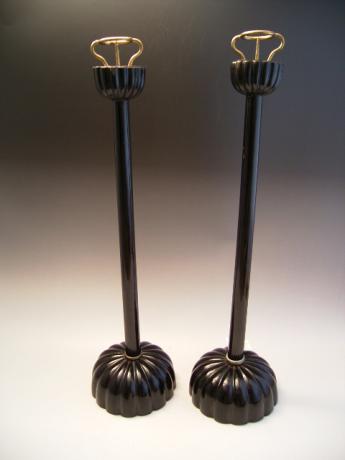 JAPANESE MEIJI PERIOD PAIR OF BLACK LACQUER CANDLESTICKS<br><font color=red><b>SOLD</b></font>