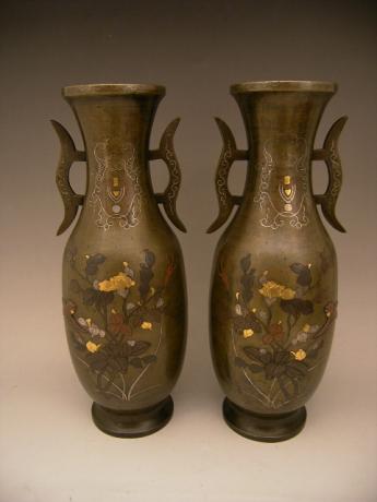 JAPANESE MEIJI PERIOD PAIR OF BRONZE VASES WITH MIXED METAL INLAYS